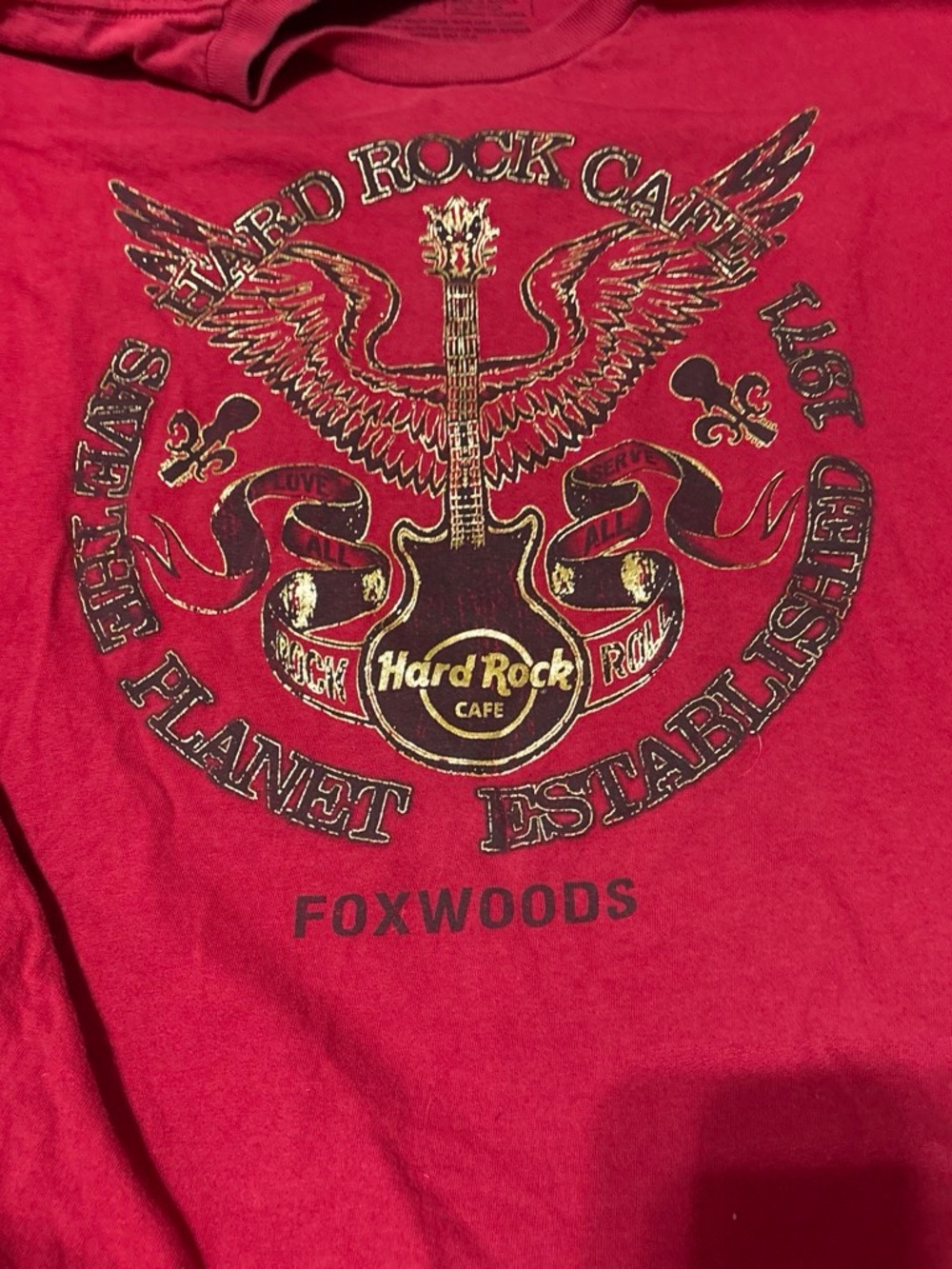 Hard Rock Cafe Foxwoods Red Graphic Tee with Gold & Black Print